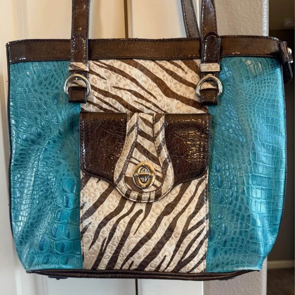 Teal and Brown Croco Embossed Animal Pattern Leather MC Medium Shoulder Handbag - Picture 5 of 10